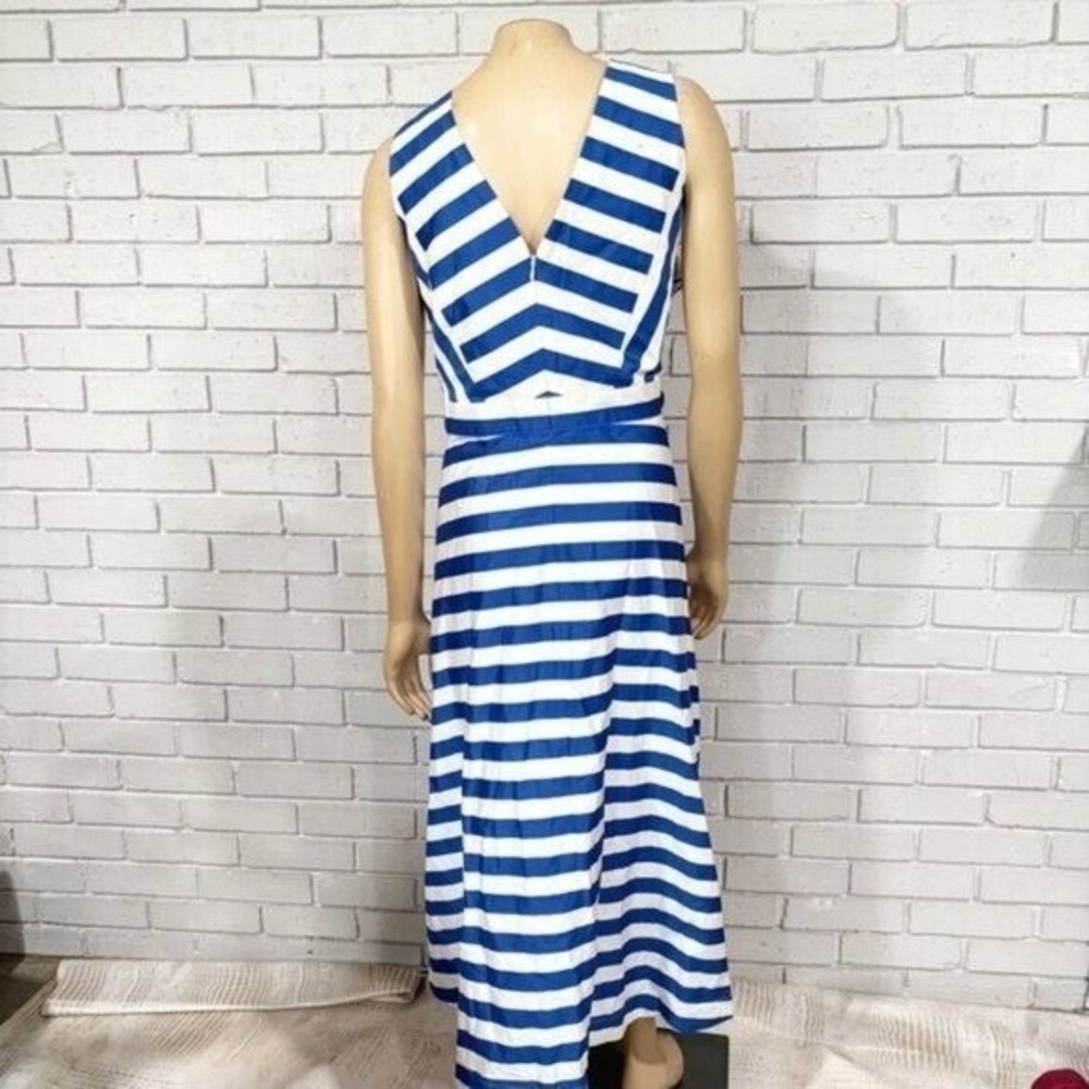 Boden Blue White Striped V-Neck Fit and Flare Midi Dress with Pockets Size 16R - Picture 10 of 14